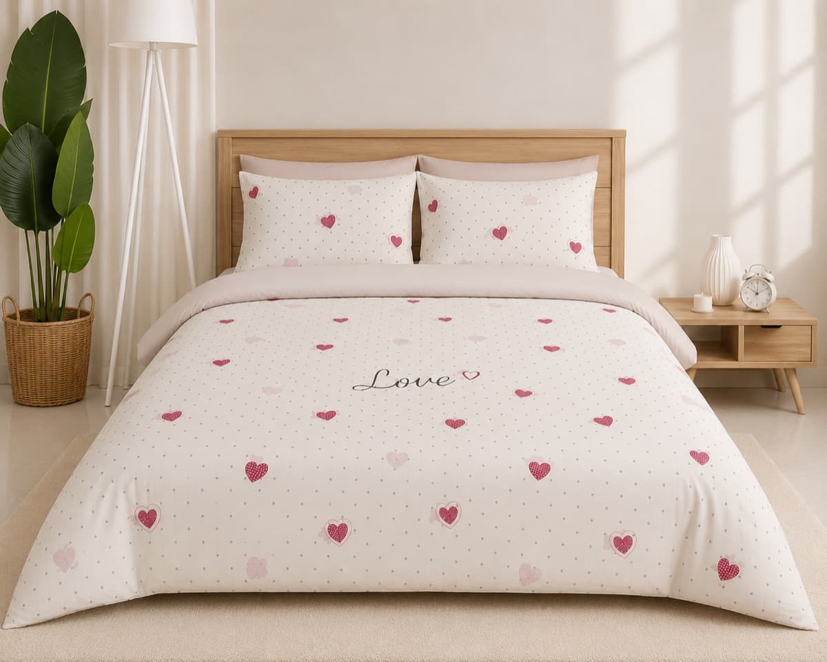 Çift Kişilik Nevresim Takımı - Love Kalp Pembe